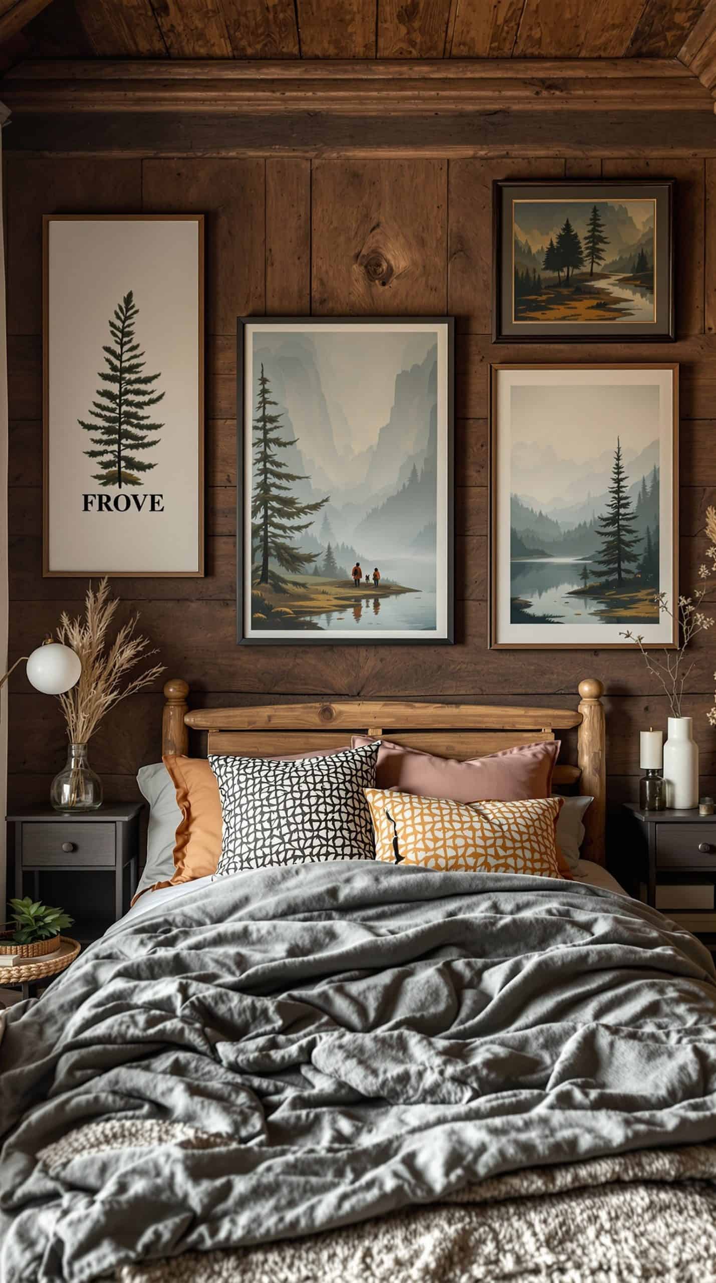 Rustic bedroom decor featuring nature-themed artwork and prints on wooden walls.