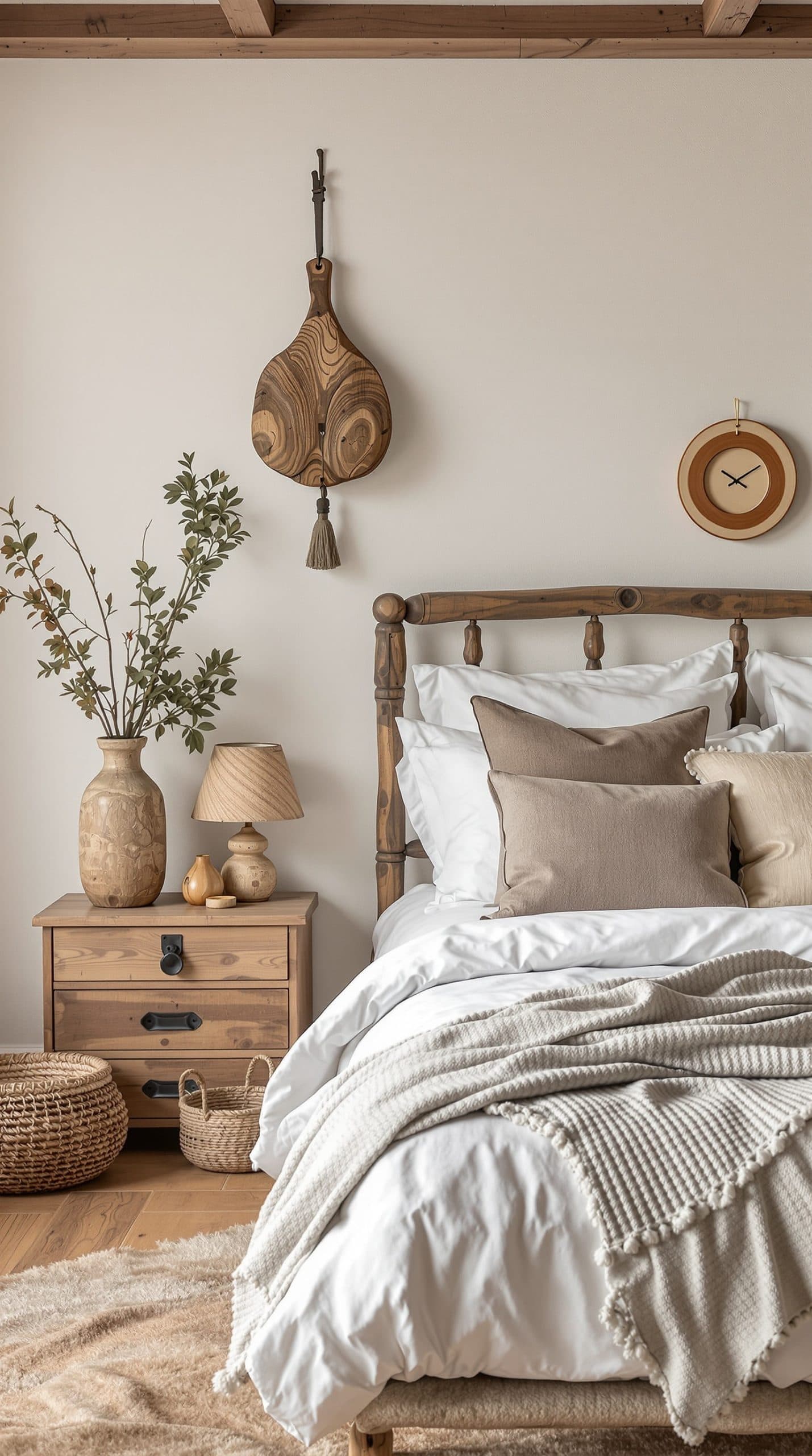 A rustic bedroom featuring a wooden bed frame, wooden nightstand with a lamp, and decorative wooden accents on the wall.