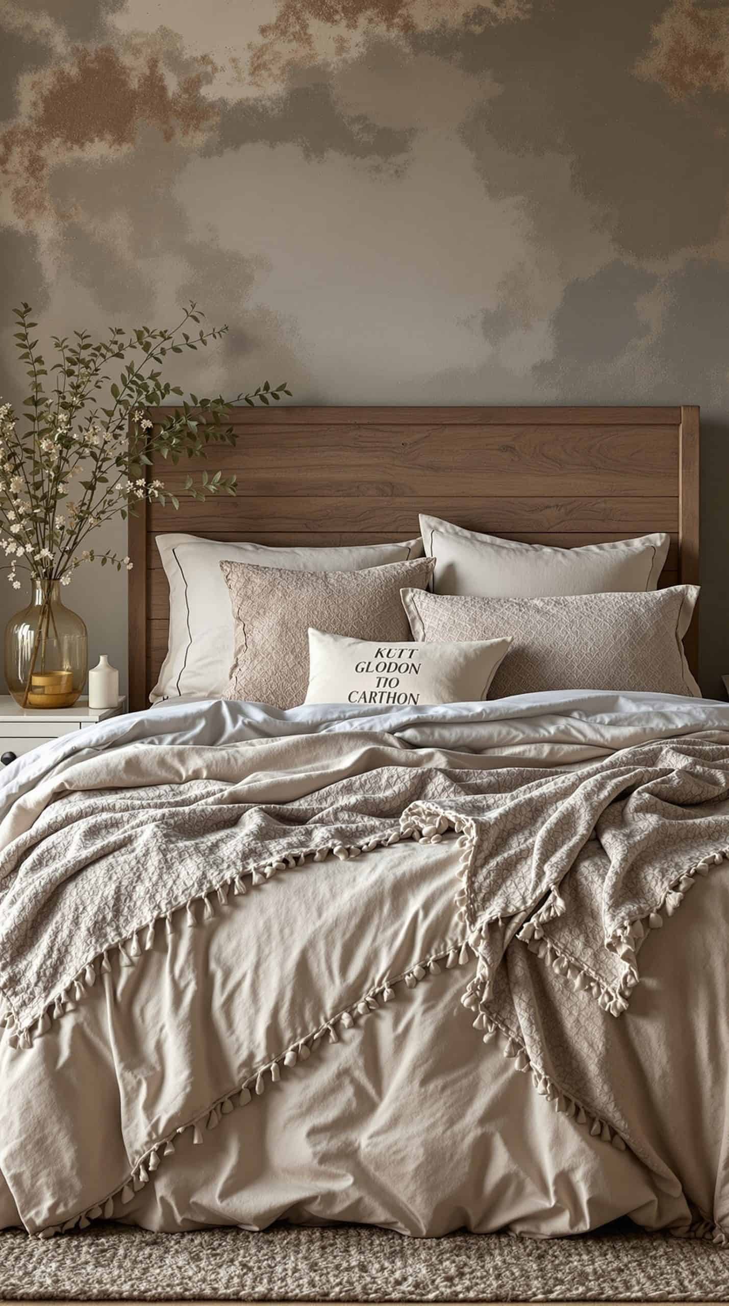 A rustic bedroom with layered bedding featuring neutral tones, a wooden headboard, and decorative pillows.