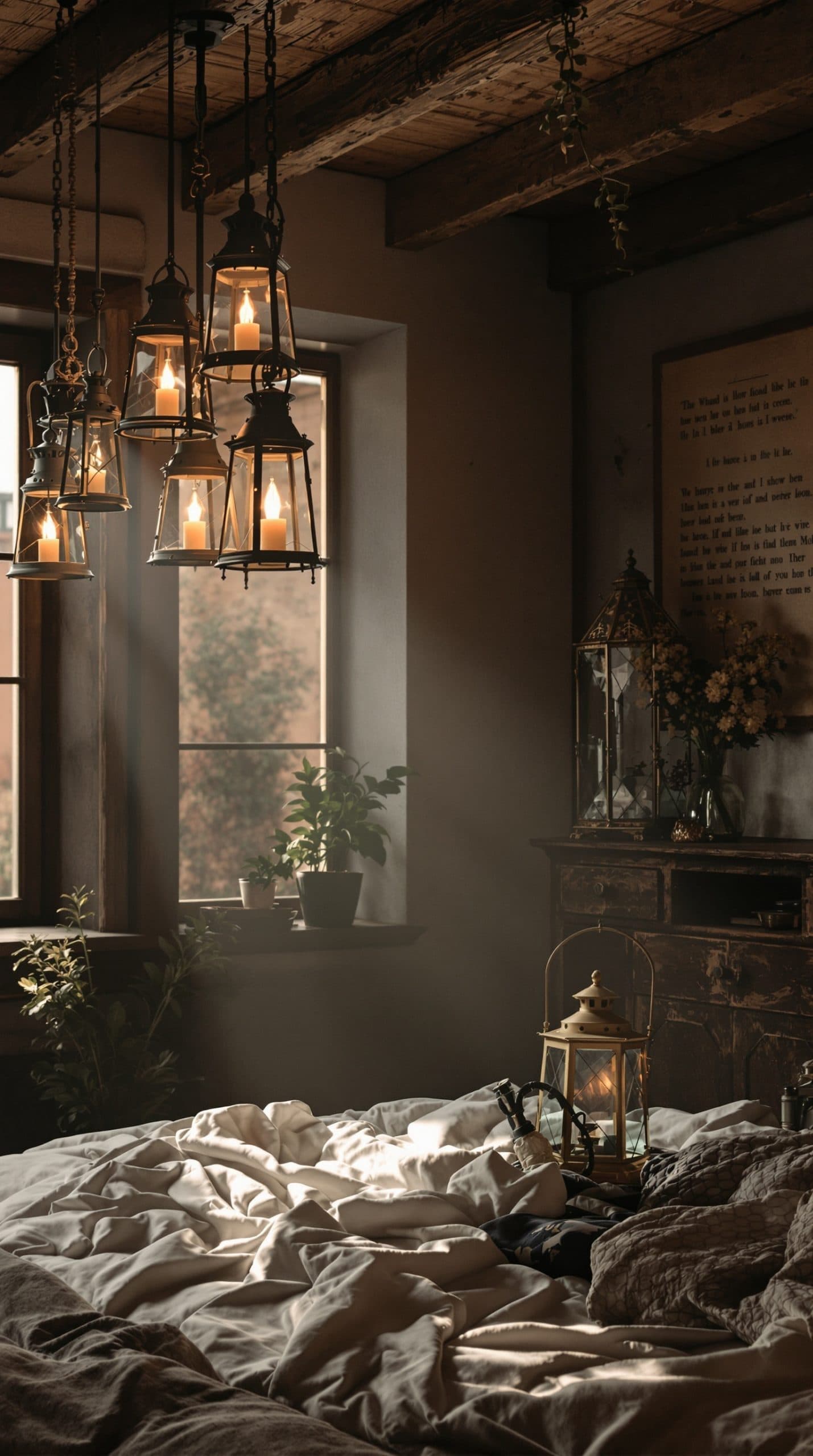 A rustic bedroom featuring vintage lanterns hanging from the ceiling, illuminating the space with a warm glow.