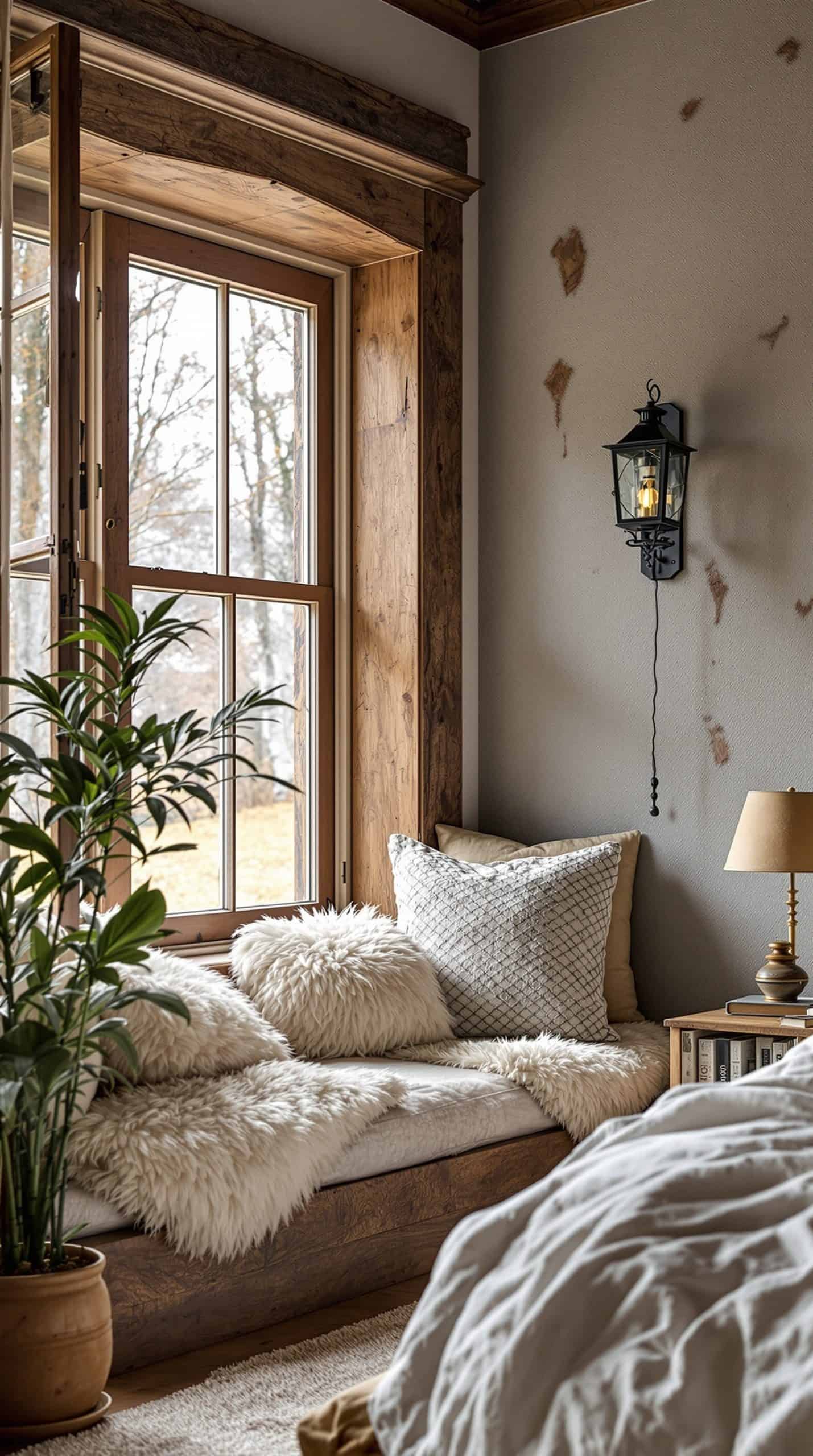 A cozy reading nook with a wooden bench, fluffy pillows, a large window, and a small plant.