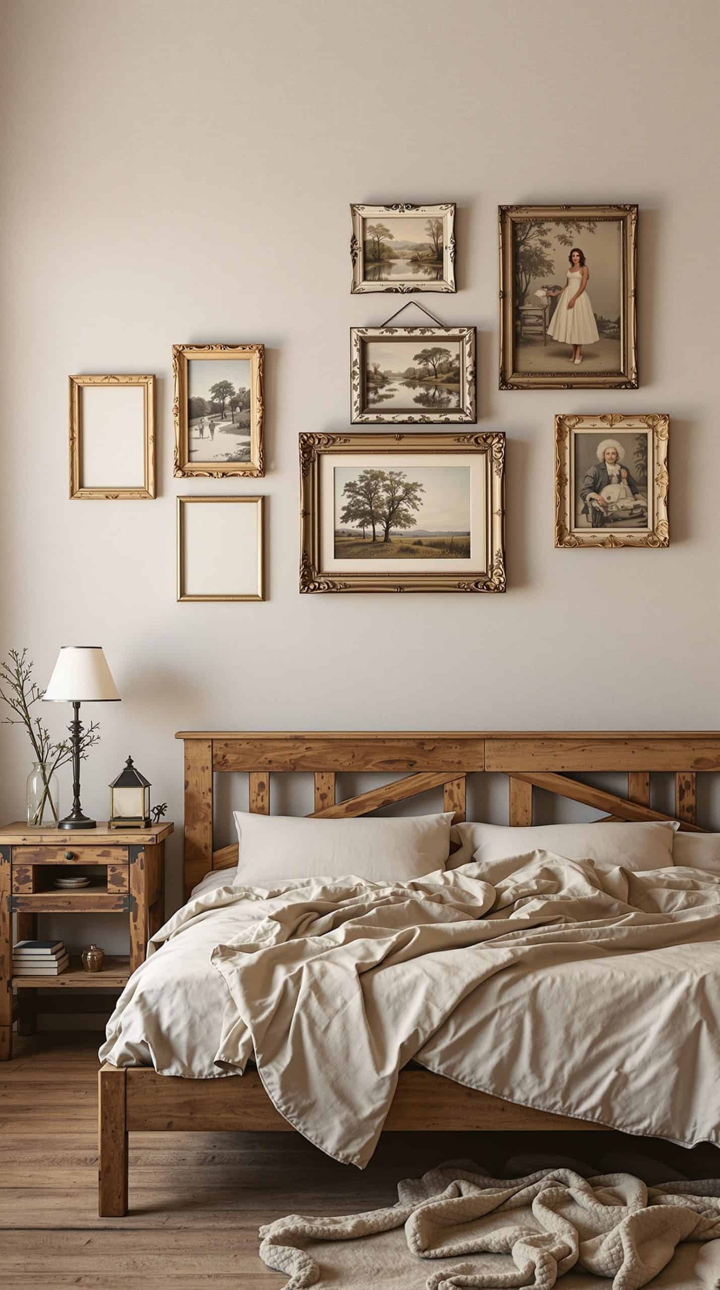 A rustic bedroom featuring a collection of vintage picture frames on the wall above a wooden bed.