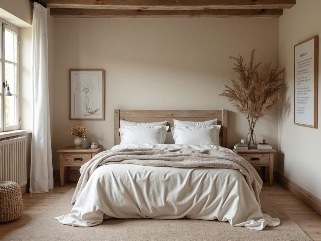 A cozy rustic bedroom featuring a neutral color palette with wooden furniture and soft bedding.