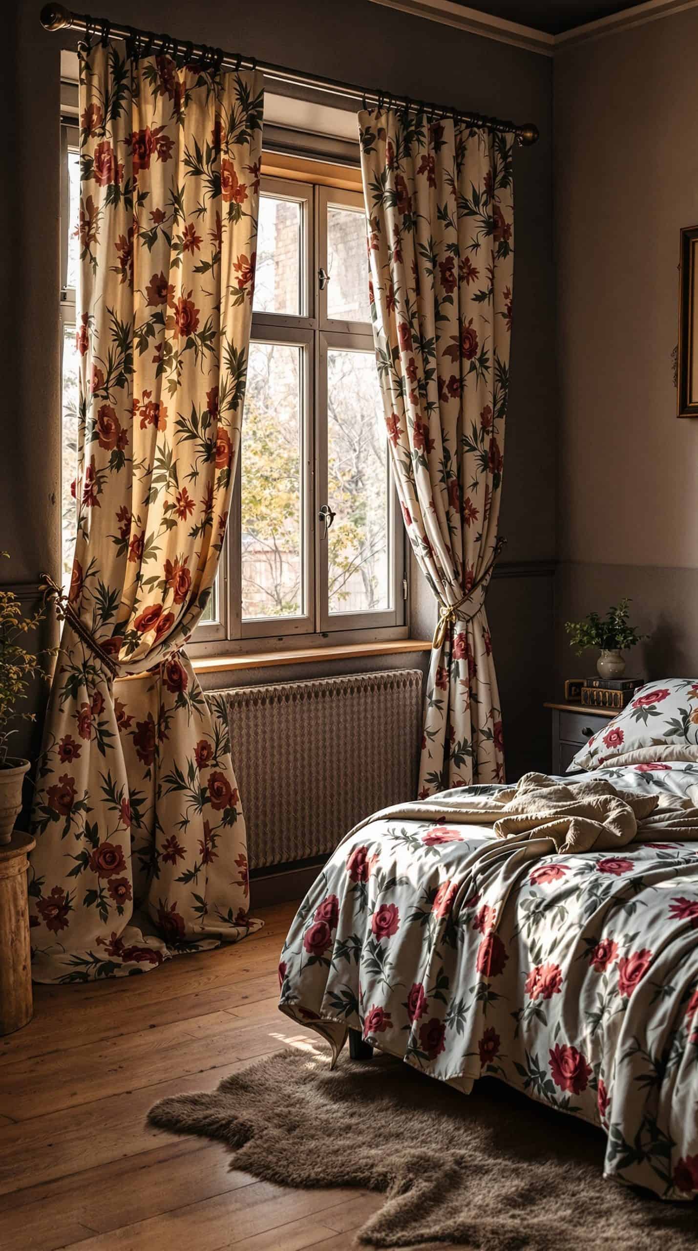 A rustic bedroom featuring floral curtains and bedding, creating a cozy atmosphere.