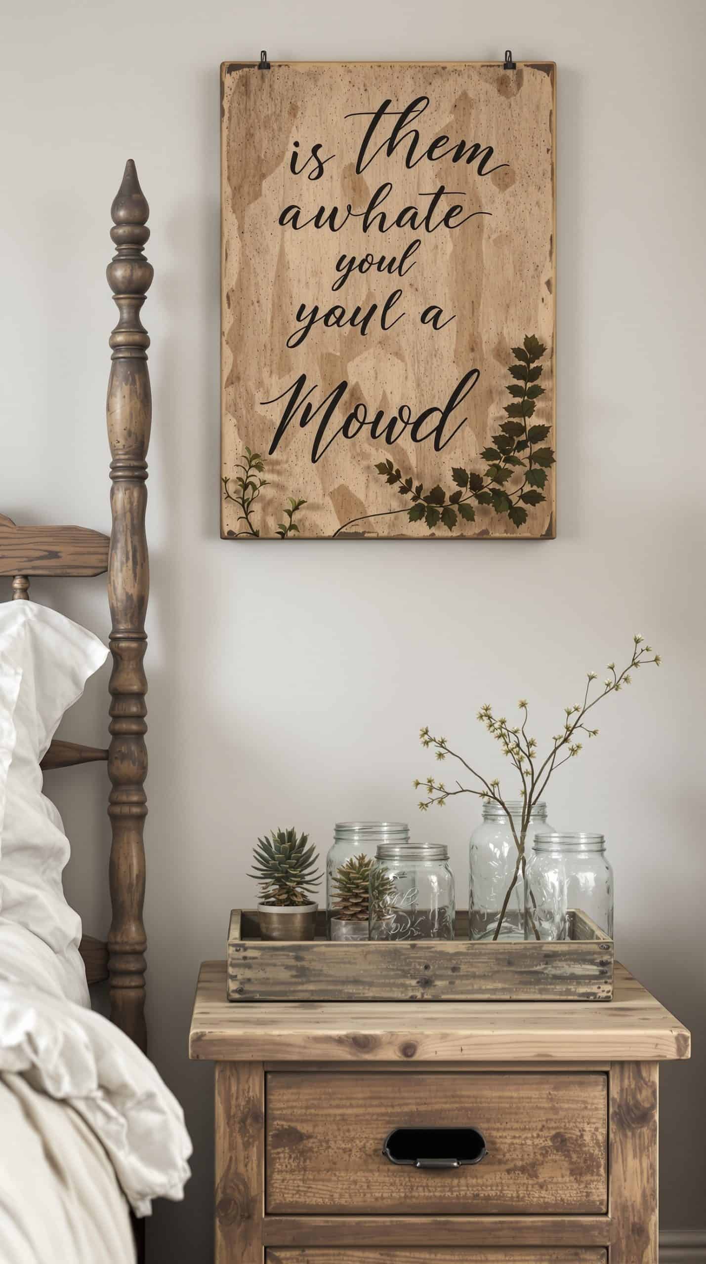 A rustic bedroom with mason jars on a wooden tray, featuring plants and a decorative wooden sign.